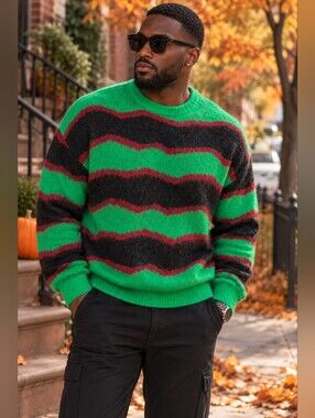 Men's Striped Crewneck Sweater Long Sleeve Wool NovaMen Green Red Black